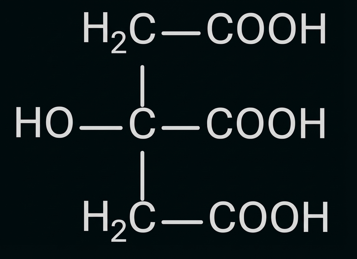 Strukturformel der Zitronensäure: zentrales C mit OH und drei COOH-Gruppen.
